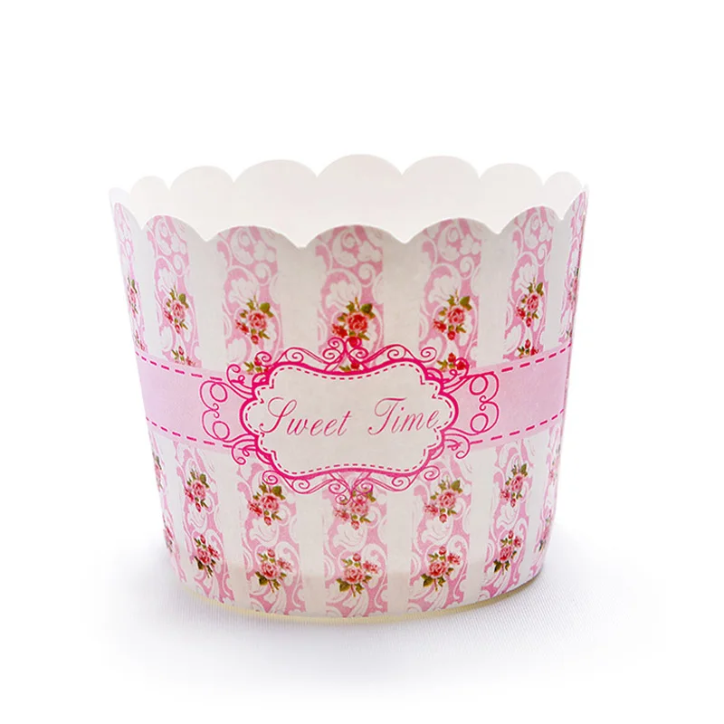 

50PCS Striped Pink Sweet time Flowers Paper Cupcake Cup Baking tool Muffin Case Party Tray Cake Mold for wedding birthday party
