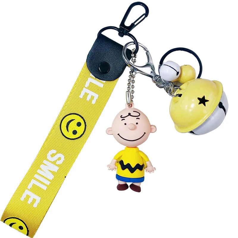 

Cartoon Charlie Brown KeyChain With Bell Leather Pope Wristband Cute Trinket Creative Boyfriend Gifts Animal Key Ring Wholesale