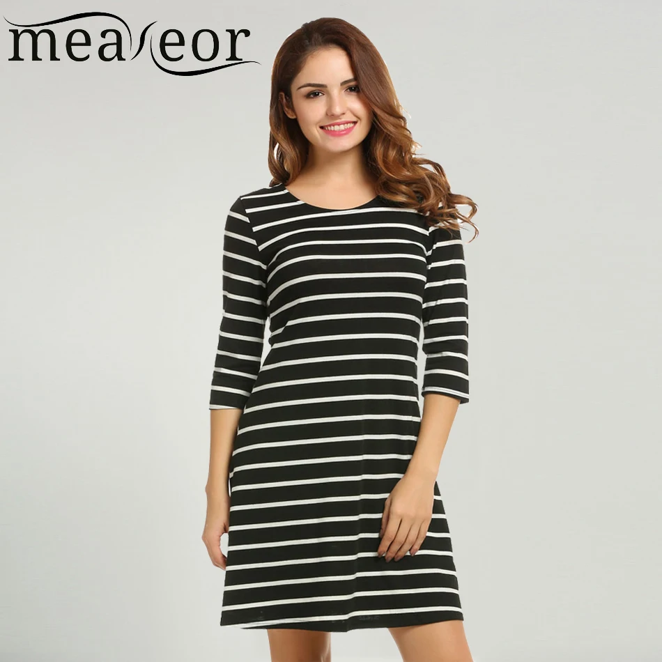 Meaneor Brand Mini Striped Dress Loose Fit Everyday Dresses Women