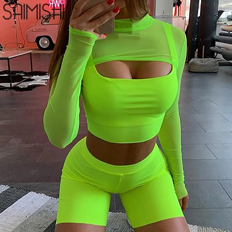 

Saimishi Fluorescent Color Two Piece Outfits 2019 Summer Mesh Long Sleeve Short Tops and Shorts Neon Green Women Sets Sexy Club