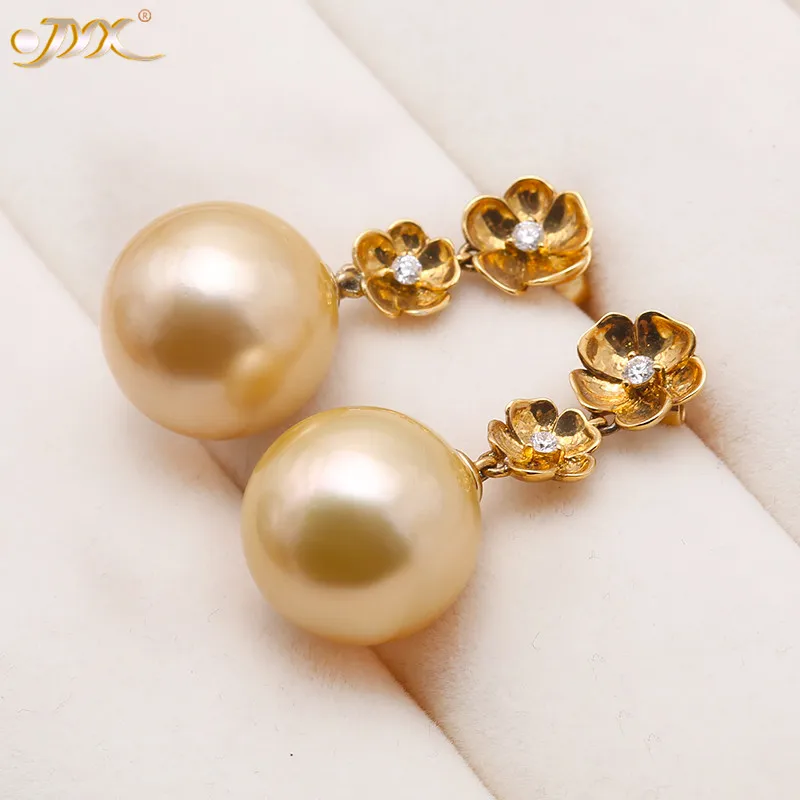 

JYX Top amazing Luxurious High-end huge big 15mm Golden natural South Sea Pearl Earrings in 18K Gold & Diamonds gift