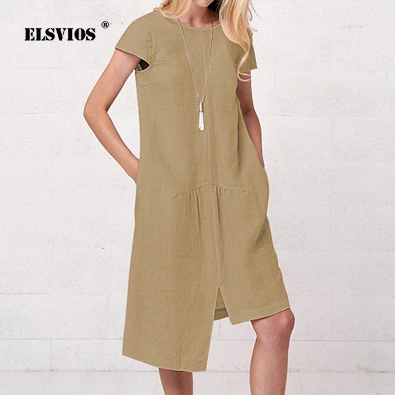 

ELSVIOS 5XL Summer Linen Cotton Dress Women Vintage O Neck Short Sleeve Irregular Shirt Dress Female Pocket Knee Dresses Vestido