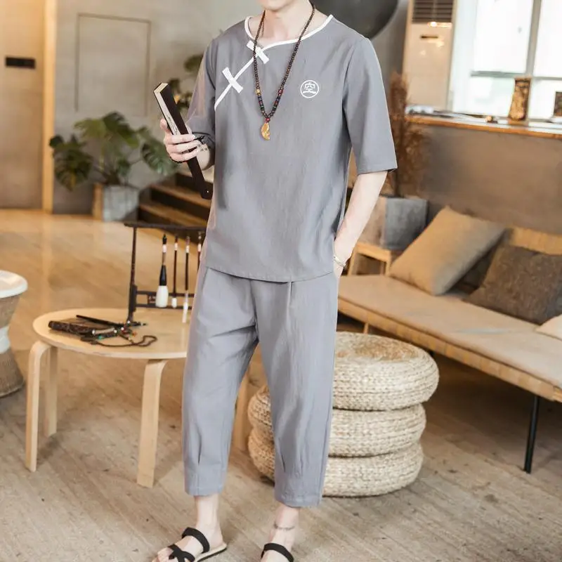 Chinese Style Plus Size 4XL 5XL Summer Men Set Casual Streetwear Short Sleeve T Shirt+ Ankle Pants 2 Peice Sets Male Clothes