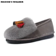 ; модная женская замшевая обувь с кроличьим мехом; Повседневная обувь без шнуровки; флоковые Лоферы без застежки на плоской подошве; Размеры 35-40