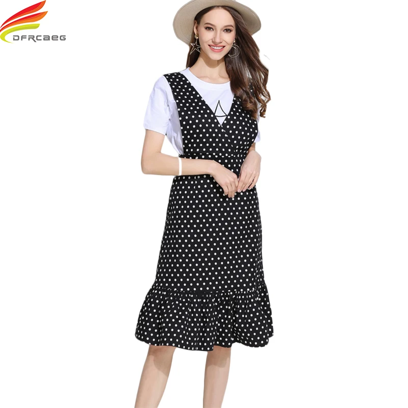 Plus Size 5XL Two Pieces Dress Set 2018 Summer Tops And Sleeveless Black Dot Polka 2 Dresses For Women Ruffles | Женская одежда