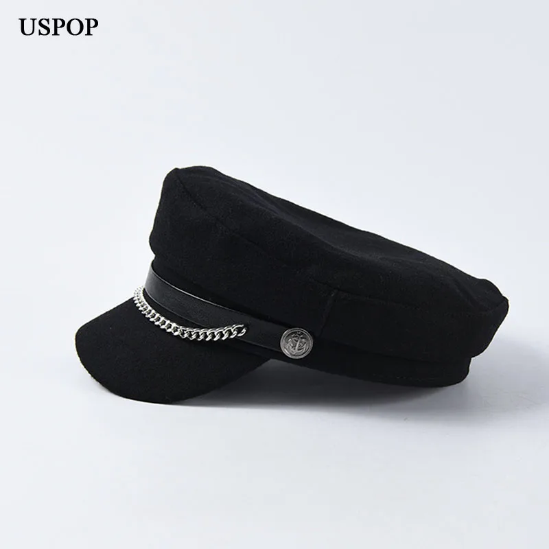 USPOP, новинка, зимние шапки для женщин, шерсть, newsboy, шапки, украшение цепи, козырек, шапки, женские, винтажные, военные шапки