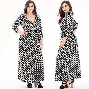 

XL~6XL Plus Size NEW Autumn Vintage Elegant Print V Neck Silk Dress Ladies Female Big Long Sleeve Oversize Tunic Dress Vestido