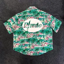 Rhude X покровитель рубашка Для мужчин Фламинго мятный зеленый Нью-Йорк Ограниченная серия Фламинго скейтборд короткий рукав зеленая птица