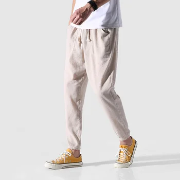

Helisopus Men Cotton Linen Harem Pants Men Casual Summer Jogger Pants Harajuku Style Spring Summer Trousers