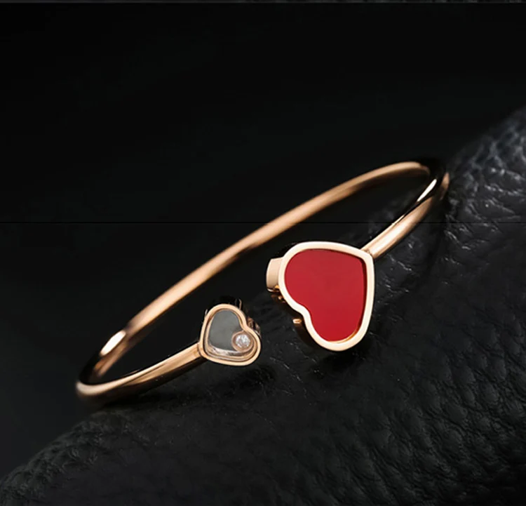 

AAA+ Fashion Red Blue Pink Green White Enamel Shell Heart Bangle Inlay Single CZ Opening Bracelet For Female Popular Jewelry