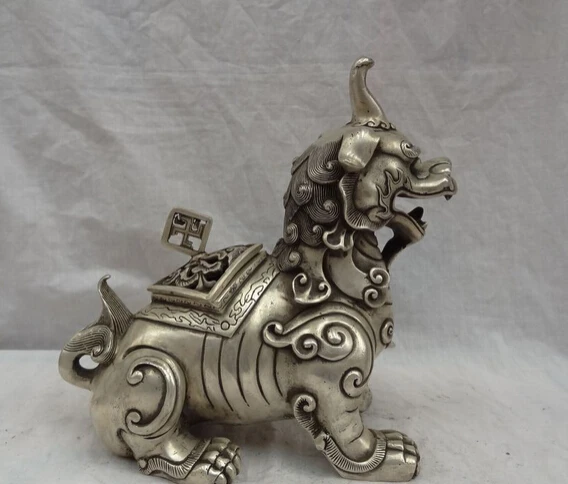 

JP S62 10" China Silver Animals Wealth Dragon Unicorn Statue Lion Incense Burner Censer
