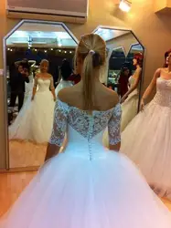 2014 Гламурное кружевное пышное свадебное платье с коротким рукавом и открытыми плечами