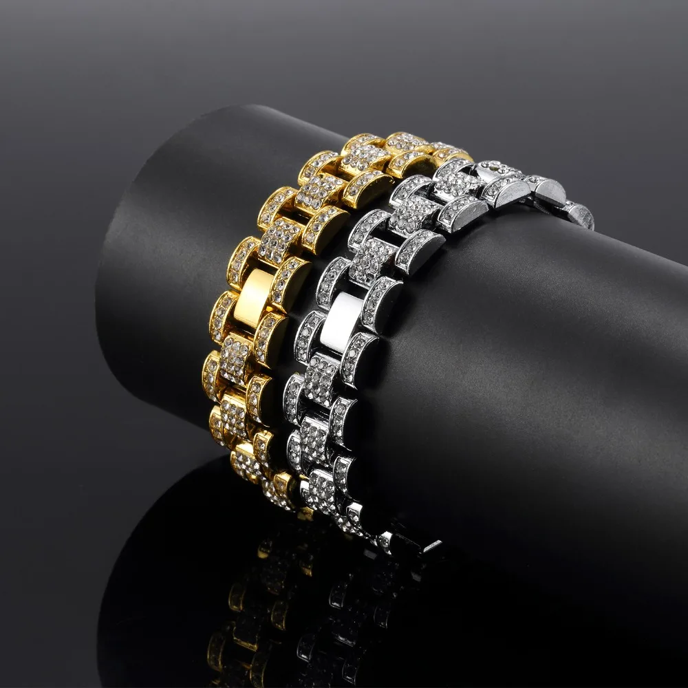 Hip Hop Men Bling Gold Silver Party Track Jewelry Hand Chains Bangles Rhinestones Simulated Stone Women Bracelets | Украшения и