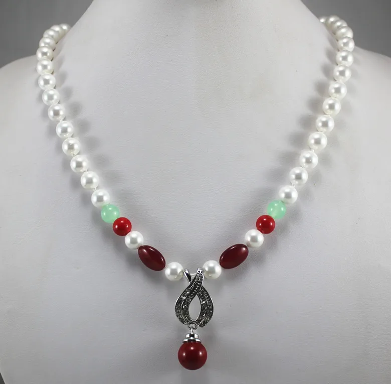 

8mm white shell pearl mixed red jade & stone and 14mm red shell pearl pendant necklace for party