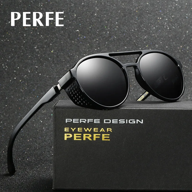 

PERFE Fashion Brand Designer Vintage Personality HD Round Sun Glasses Hollow Steampunk Polarized Sunglasses For Men UV400-Proof