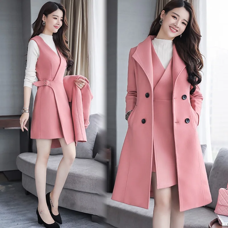 2018 New Spring Woolen Coat Trench Women Slim Double Breasted Black Winter Coats Long Outerwear for Women Coat Outside Overcoat