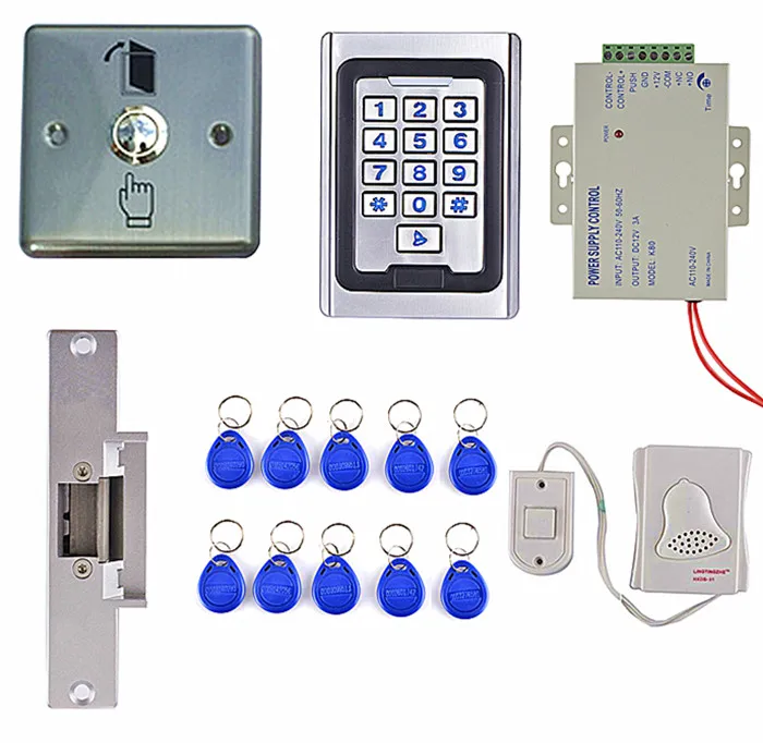 

Electric Strike Door Lock +125KHZ Waterproof RFID Reader Access Control Full Kit Set + Power Supply Brand New K5