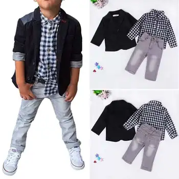 

3pcs/set Summer Baby Boys Dress Suits Clothes For Gentleman Boys Children Shirts Pants Kids Suit Jacket + Plaid Shirt + Jeans