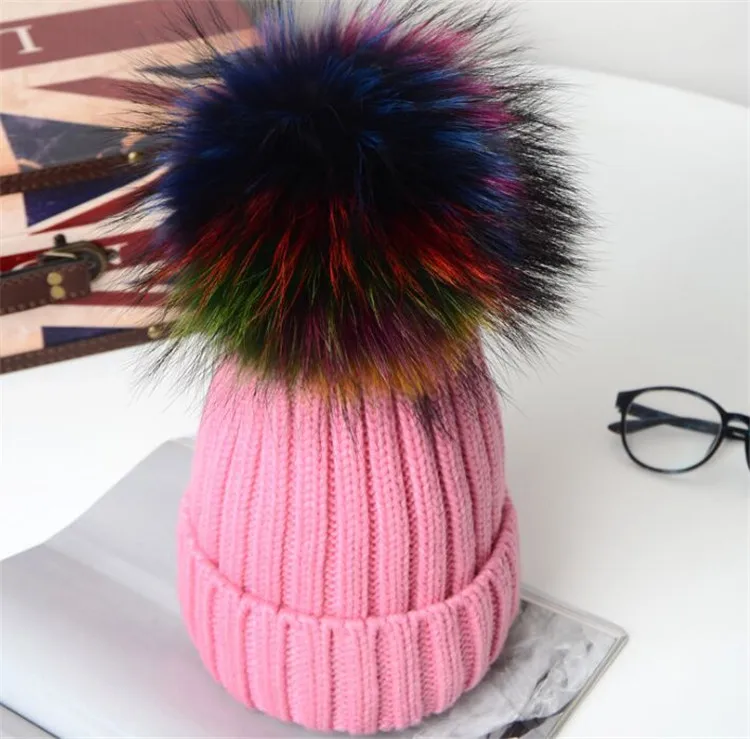 Зимние Разноцветные Вязаные шапки с помпоном из натурального меха, Детские повседневные плотные Акриловые Полосатые зимние шапки для девочек - Цвет: 016