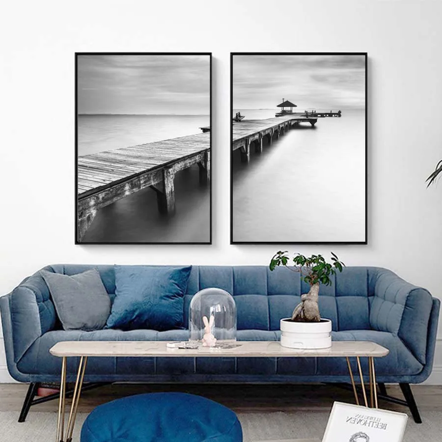 Black White Modular Sea Scenery Posters & Prints Nordic Bridge Canvas Painting On The Wall Decoration For House Wall Art Picture (4)