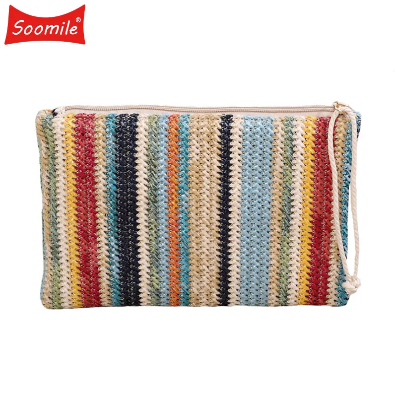 2018 Women Straw Handbags Sale Color Stripe stitching Summer Clutches Bag Small Bags Wristlets ...