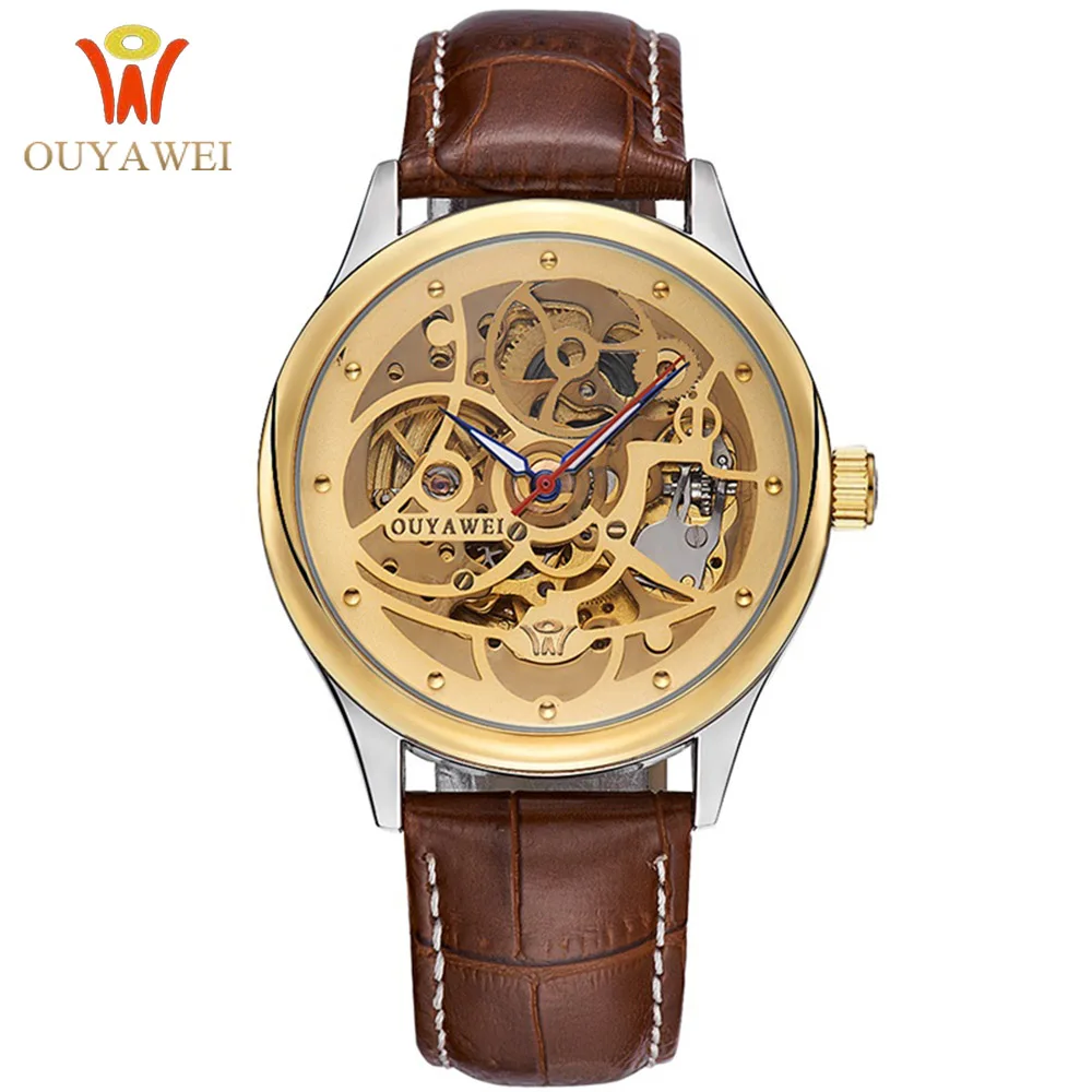 

OUYAWEI Leather Skeleton Mens Gold Watch Automatic Mechanical top Brand Golden Hollow Hand Wind Luxury Watches Men reloj Relogio