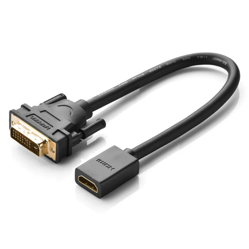 Ugreen 1080P HDMI Женский к DVI-D 24+ 1 Мужской HDMI DVI Кабель-адаптер двунаправленный DVI к HDMI конвертер для Raspberry Pi tv Box - Цвет: Черный