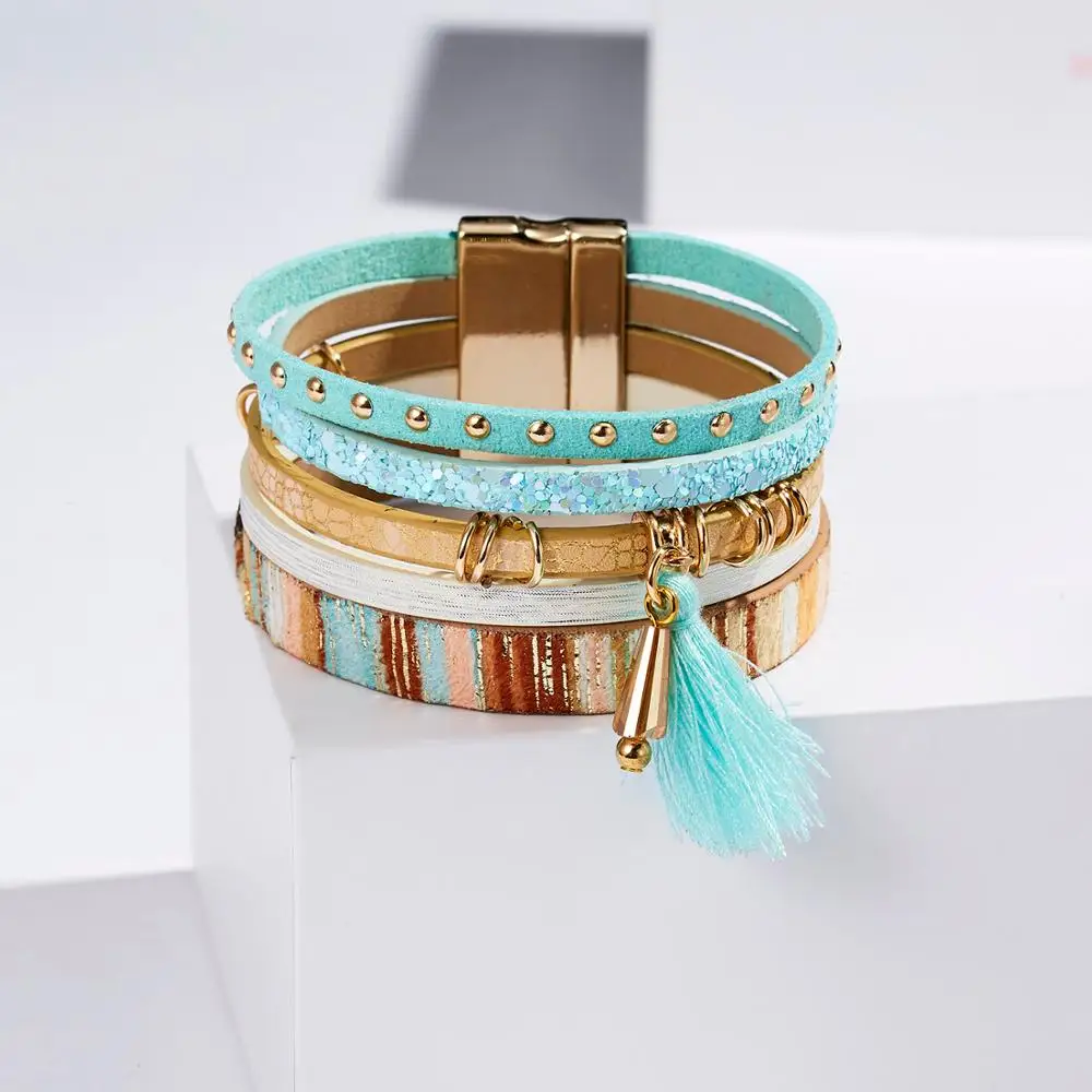

Rinhoo Braided Leather Bracelet for Women Femme Cystal Blue Fringe Tassel Charm Multilayer Bracelets & Bangles Female Jewelry