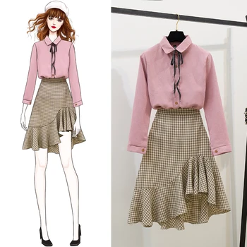 

new design autumn fashin women two pcs clothing set shirts suit vogue long sleeve shirt stripe ruffle skirts vestido lady