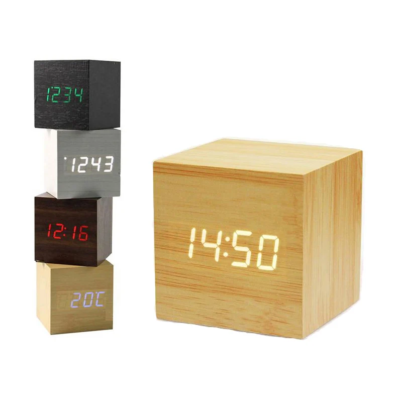 Mini Cube Wooden Clock Voice Control Electronic Desk Clock with LED