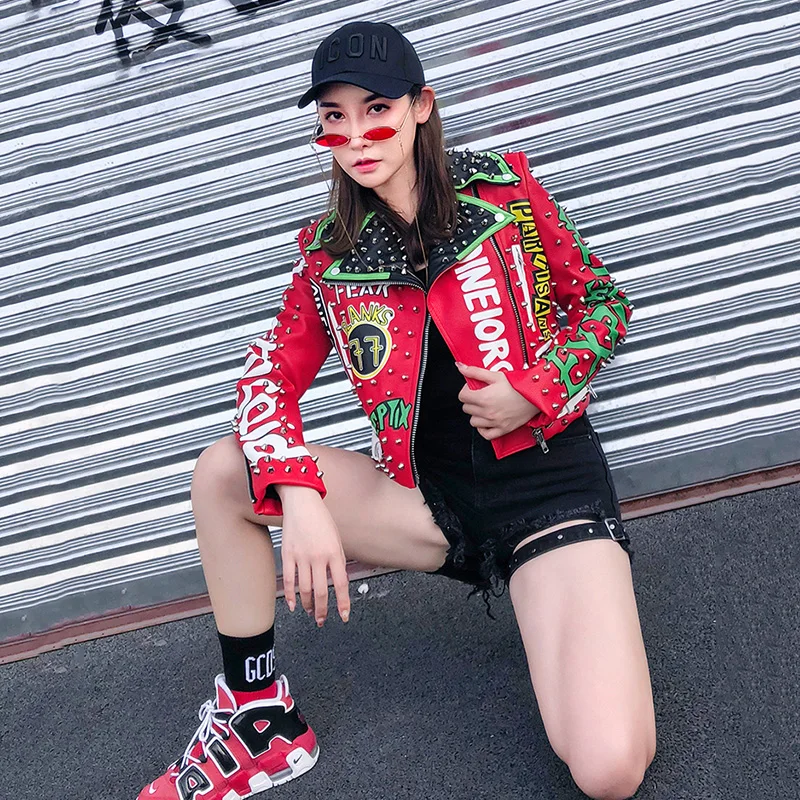 Women's Leather Jacket Punk Style Rivet Graffiti Moto Jacket Leather Coats 2018 Fashion Brand Streetwear Faux Leather Jacket