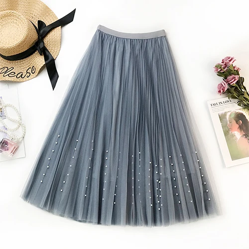 TIGENA 3 слоя модная женская длинная юбка из тюля с бисером летняя Корейская Высокая талия плиссированная юбка женская розовая белая юбка - Цвет: blue gray