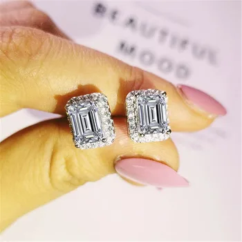 

Female Princess Earrring AAAAA cz Real 925 sterling silver Engagement Wedding Stud Earrings for women Bridal Party Jewelry