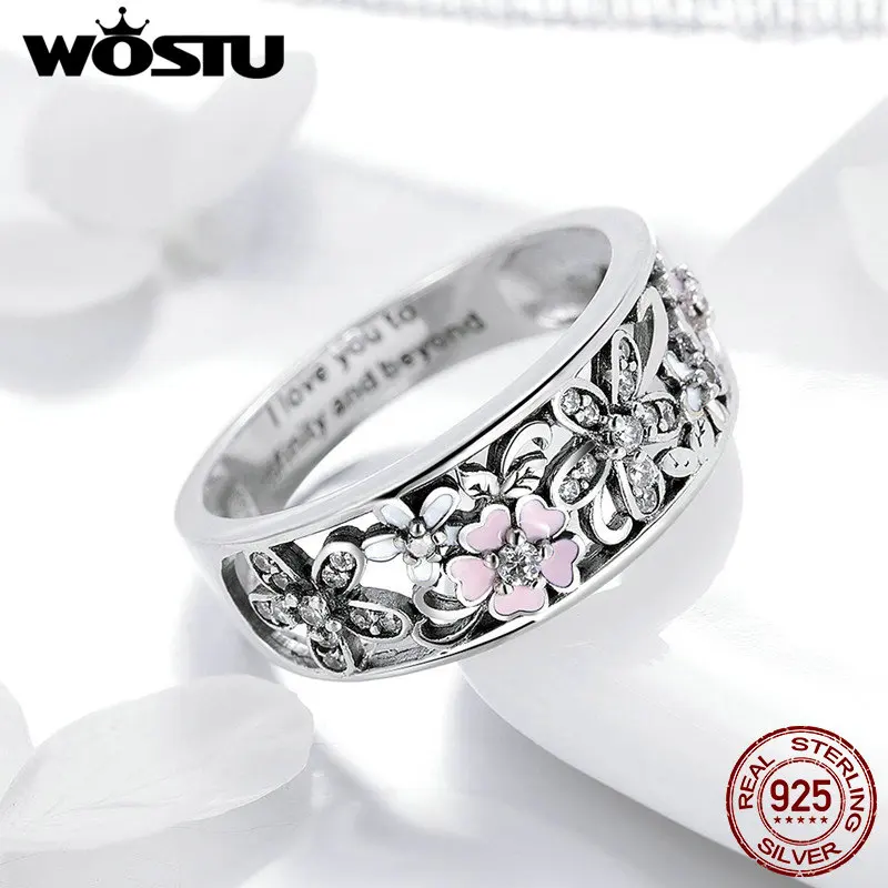 WOSTU, настоящее 925 пробы, Серебряный сверкающий Штабелируемый цветок, 4 мм, кольца на палец для женщин, серебряные ювелирные изделия, вечерние, свадебный подарок, CQR390
