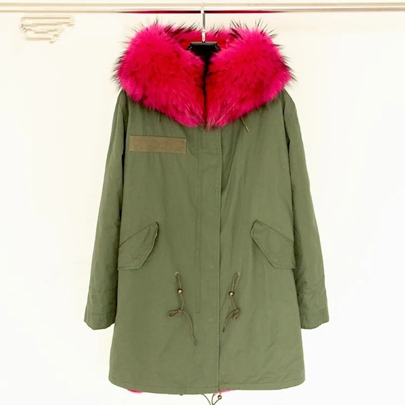 Меховая зимняя парка, Женское пальто, теплая съемная подкладка, большой воротник из меха енота, с капюшоном, армейский зеленый бренд, дизайнерская парка, верхняя одежда