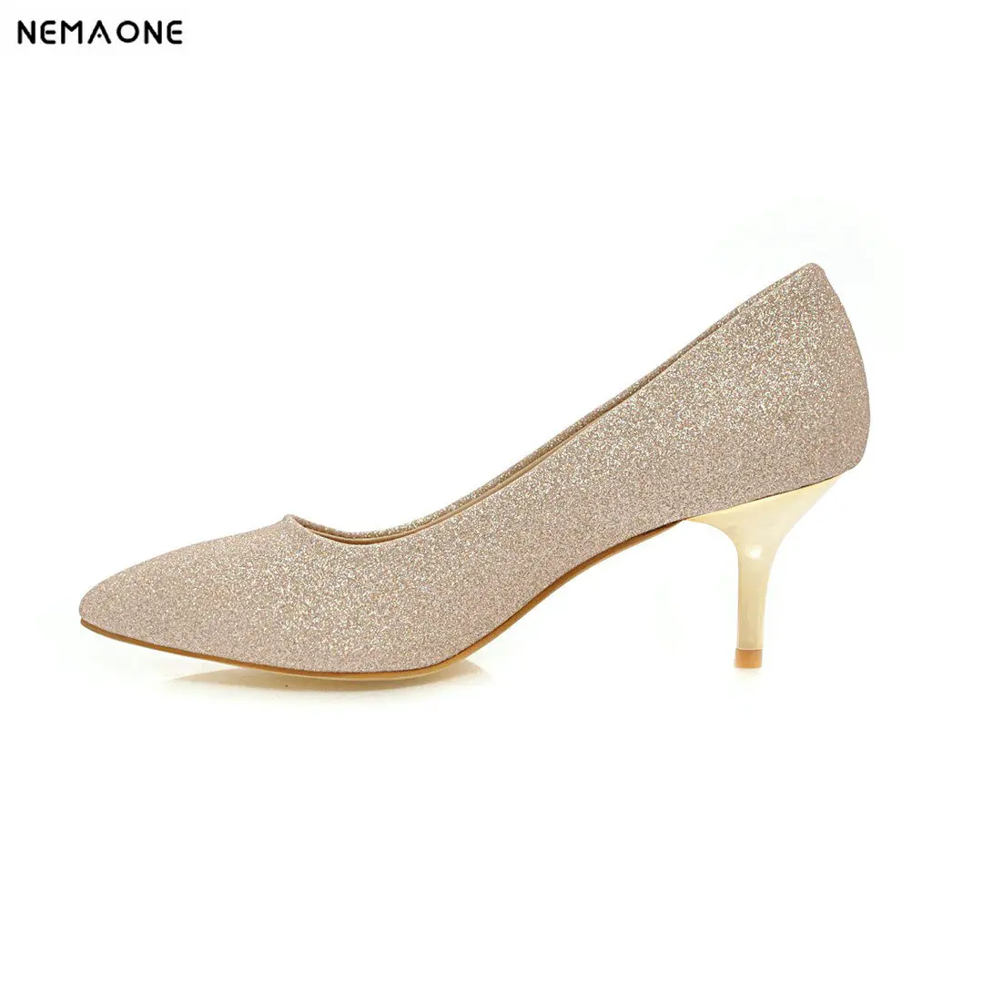 

NEMAONE shoes Woman Pumps 2019 autumn fashion style heels pointed toe Work shoes single shoes shiny color High heels