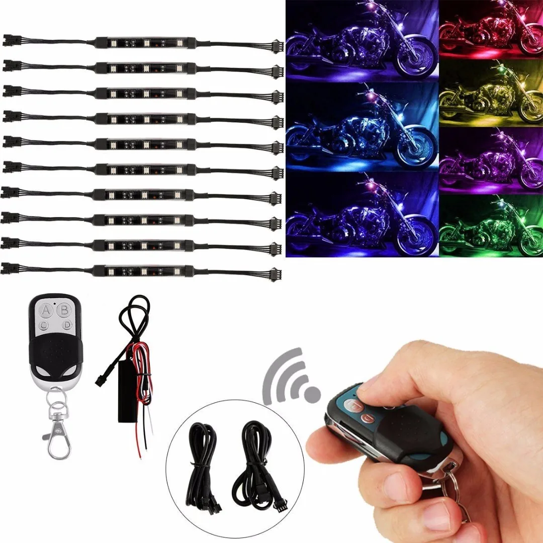 JX-LCLYL 10pcs Motorcycle RGB LED Under Glow Neon Strip Light Kit Remote Control