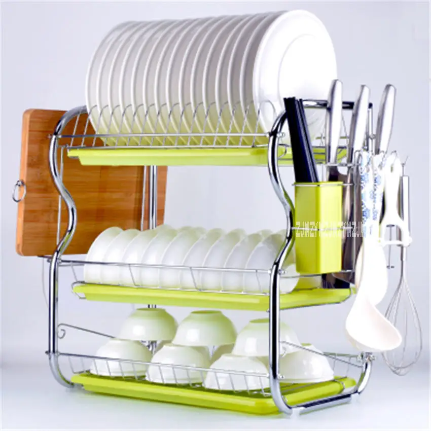 Новая бытовая сушилка для посуды, набор, три слоя, стеллаж для хранения, кухонная полка, тарелка, посуда, столовые приборы, подставка для чашки с лотком, сушилка для чаши - Цвет: green A