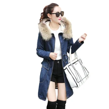 

Winter Jacket Women Medium long Fashion New Thickening Warm Denim Outerwear Long-sleeved Hooded Slim Denim Cotton Coats JIA112