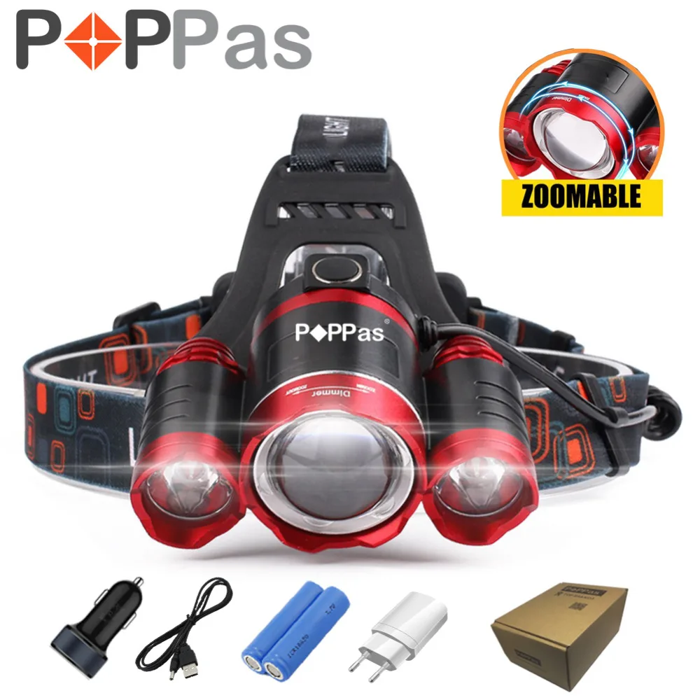 POPPAS RED LED Headlamp 3x XML T6 2800Lumens 4 Modes Rotary Zoomable