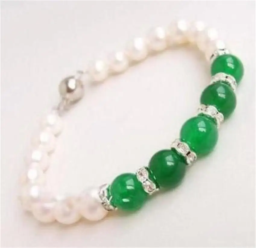 

Charming! 7-8mm White Natural Pearl & Green Jades Bracelet 7.5">>>silver for women