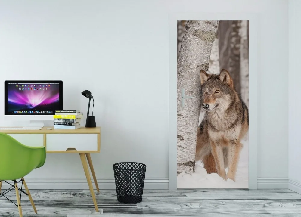 door-stickers-office-teenager-s-room-virtual-category-grey-wolf-canis-lupus-stands-next-to-birch-tree