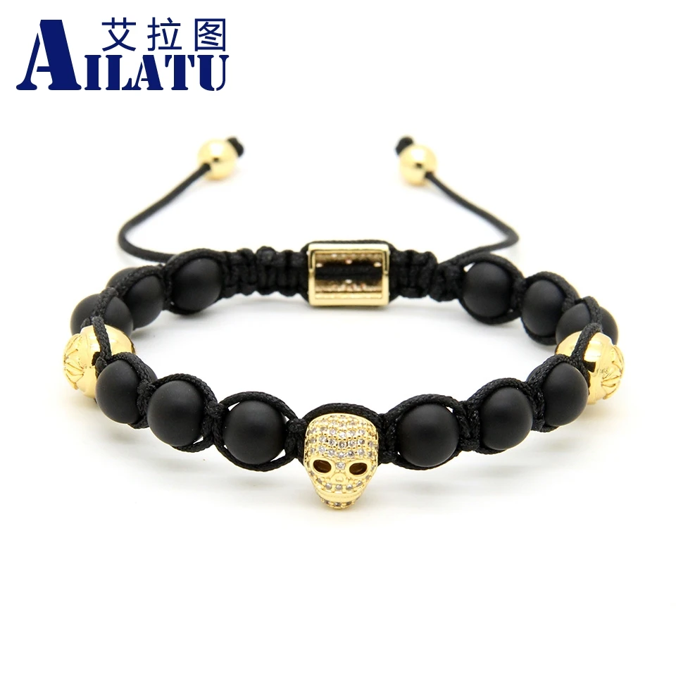 

Ailatu 10pcs/lot 8mm Natural Matte Onyx Stone New Heart Skull Clear Cz Beads Braided European American Weaving Mens Bracelets