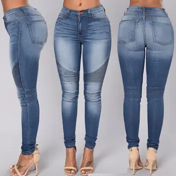 

Women Moto Jeans Biker Pants Elasticity Pleated Skinny Jeans for women with Big Hips Slim Push Up jeans Tight Denim Pencil New