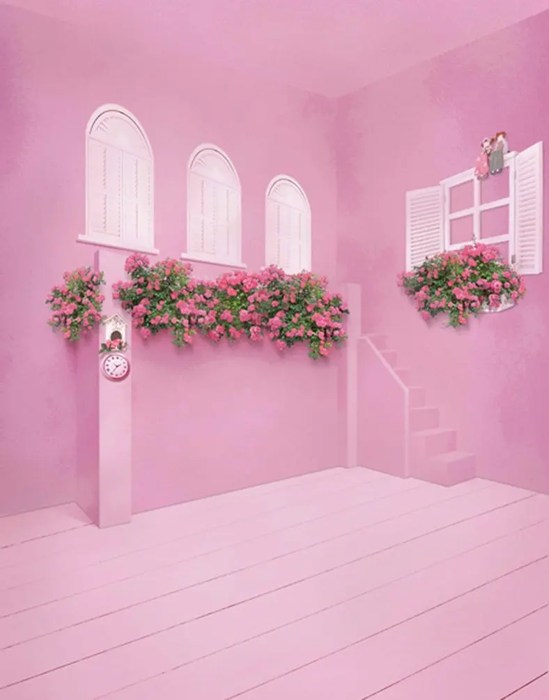 

5x7ft Pink Room Wooden Floor Flowers Photography Backdrops Photo Props Studio Background