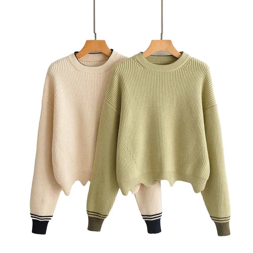 2019 Fashion New Sweater Women Wave Hem Autumn/Winter Student Round Neck And Pullover Sweet Green Ruffled Knit | Женская одежда