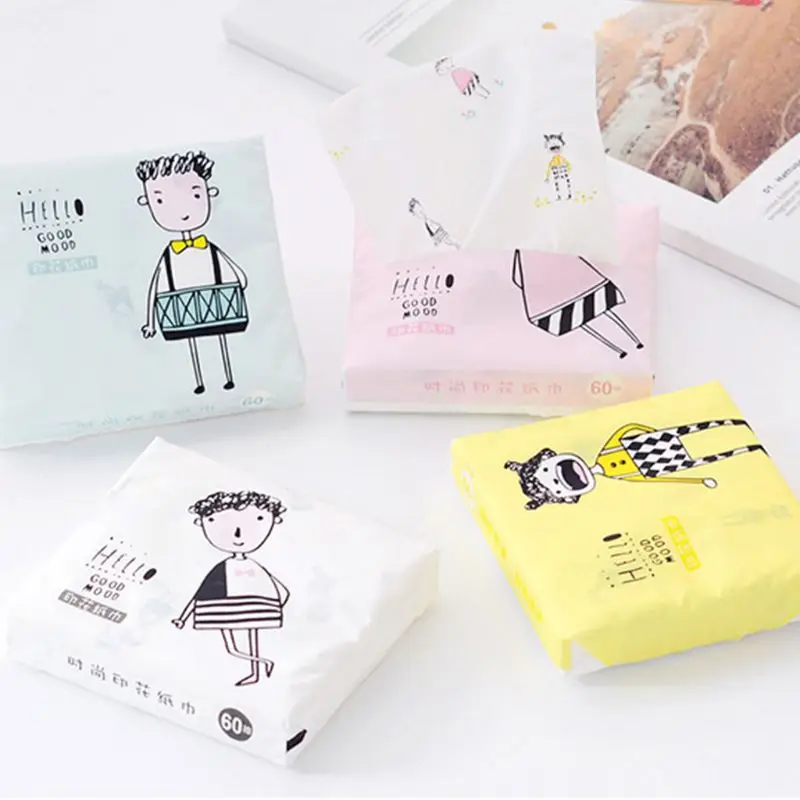 

60Pcs/Pack 3 Ply Disposable Facial Paper Tissues Thickened Cute Colorful Cartoon Printing Napkins Portable Car Home Party Decor