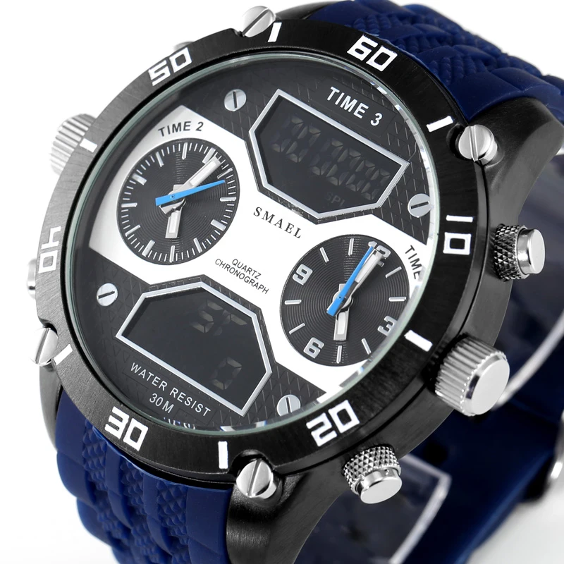 Beste Grote mannen Sporthorloge Drie Tijd Display LED Digitale Quartz Horloge Waterdicht Dual Time Casual Horloge 1159 Mannen Horloge chronograaf