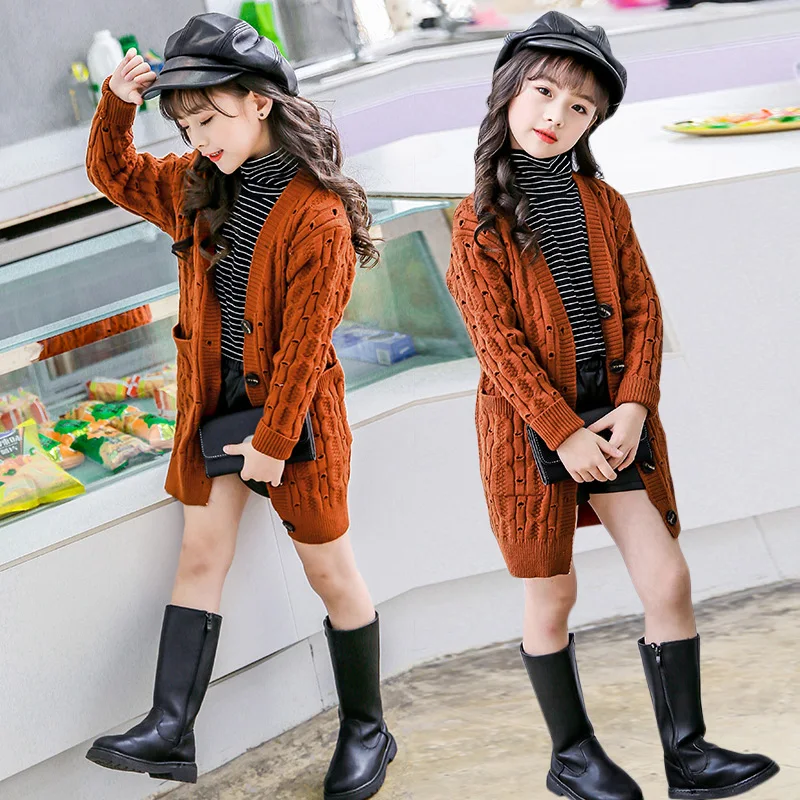 

Solid Cotton Long Cardigan Clothes Spring Autumn Sweaters for Girls 2018 Clothing Caramel Color Children's Sweater Pull Fille