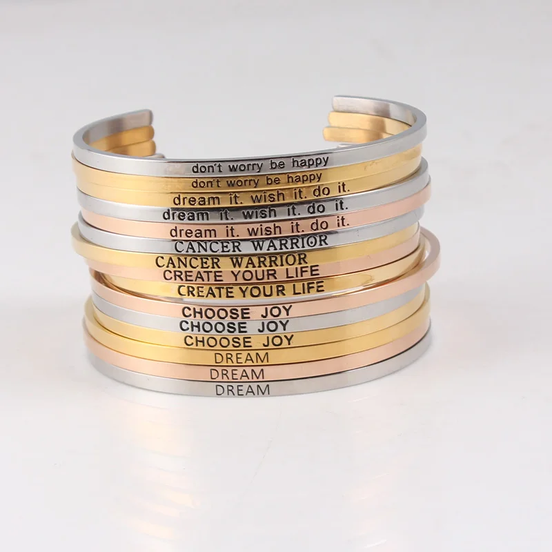 

Elegant Mantra Bracelet For Women Rose Gold Color Stainless Steel Bangle Engraved Positive Inspirational Quote fashion Cuff